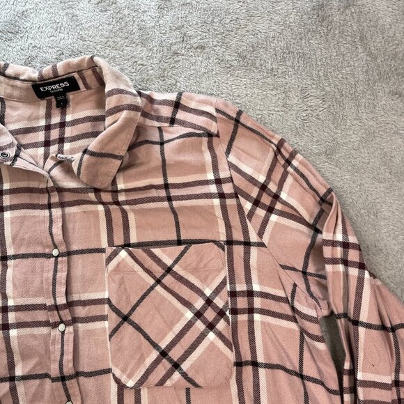 Express Top Large Pink Plaid Flannel Boyfriend Fit Button-Front Shirt Women's - Picture 3 of 14